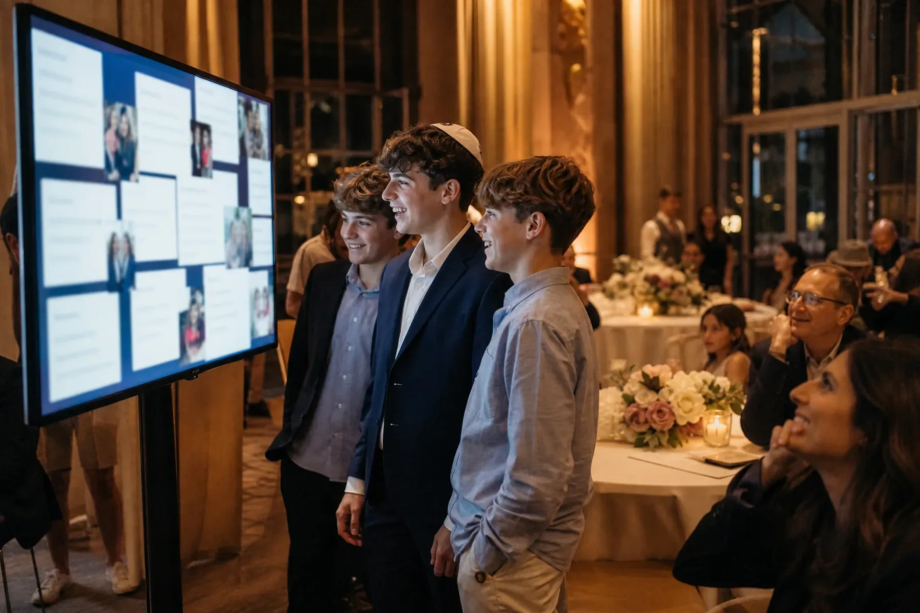 A teenager and two friends stand delighted in front of a message wall screen at an evening bar mitzvah celebration.