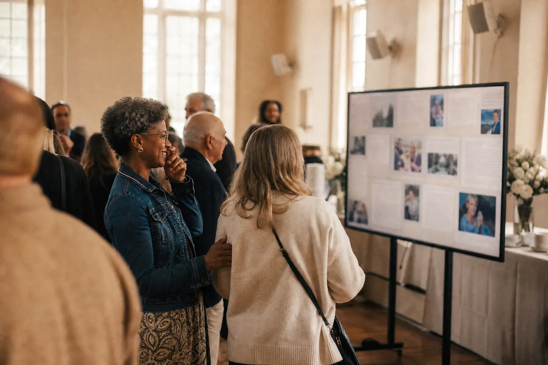 People stand in small groups near a memory wall screen in a bright village hall with white flowers and soft daylight.
