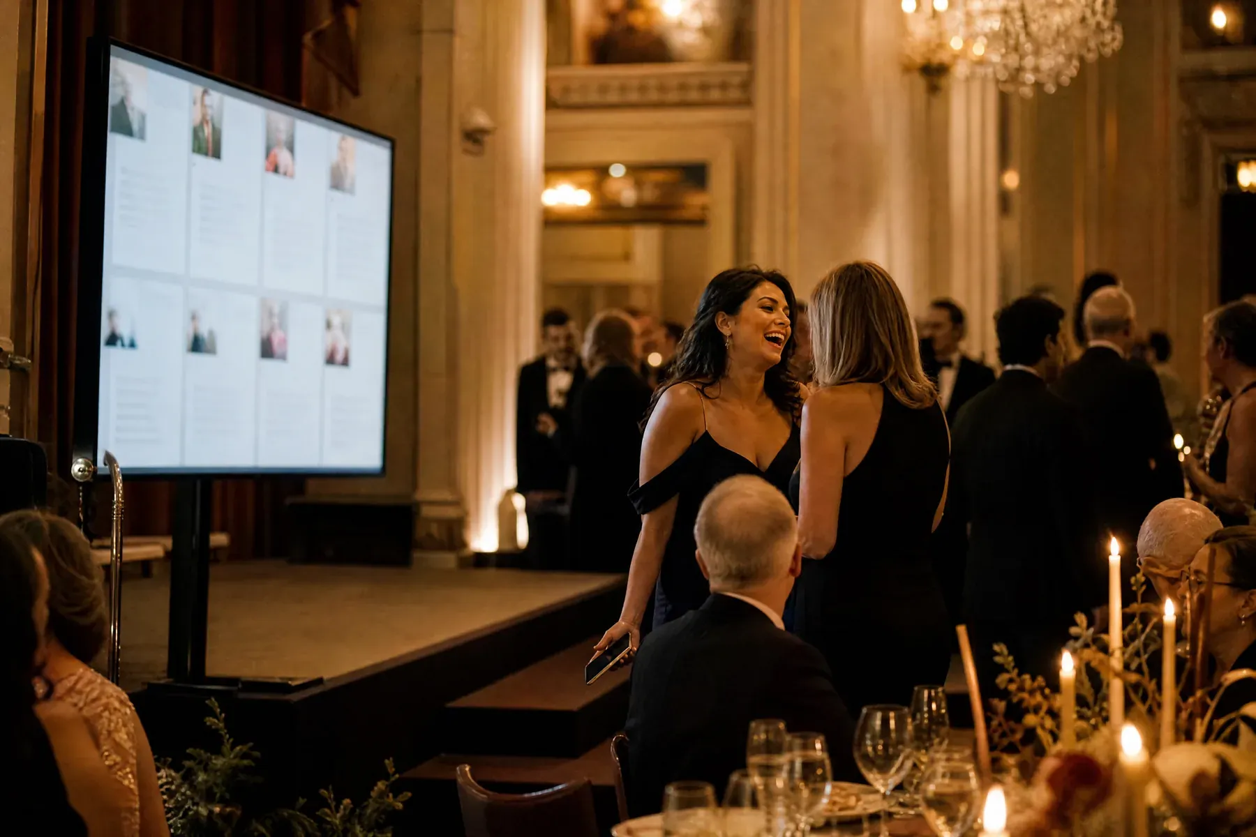 Guests in evening dress at a charity gala dinner with a message wall screen glowing near the stage beneath brass chandeliers.