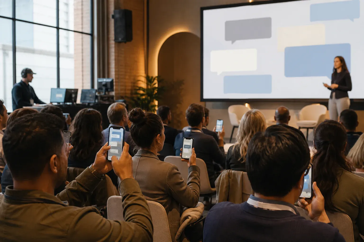 Conference attendees responding to an event prompt on their phones while a live participation screen glows beside the stage.