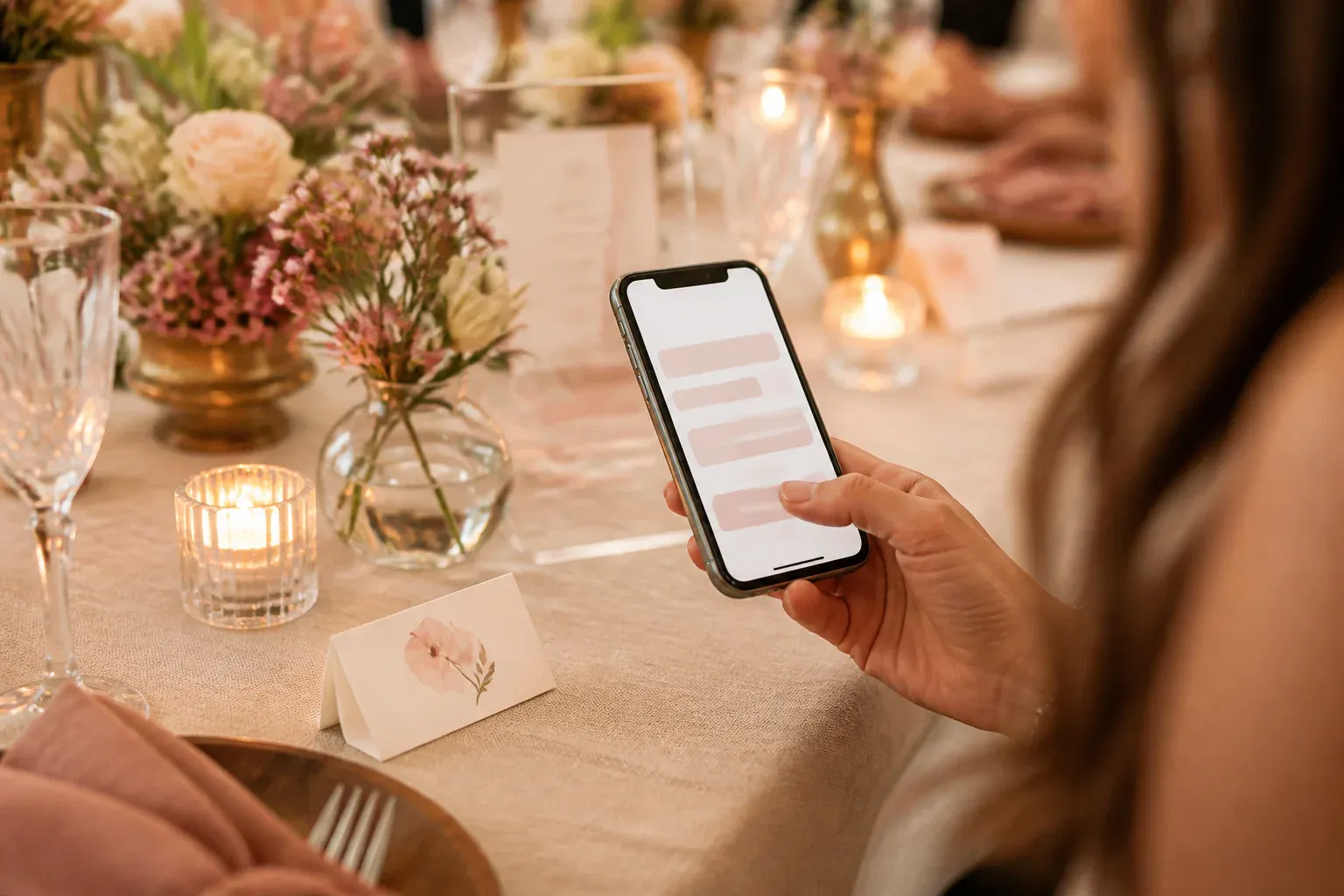 A phone displaying a digital guest book beside handwritten place cards and flowers on an elegant event table.