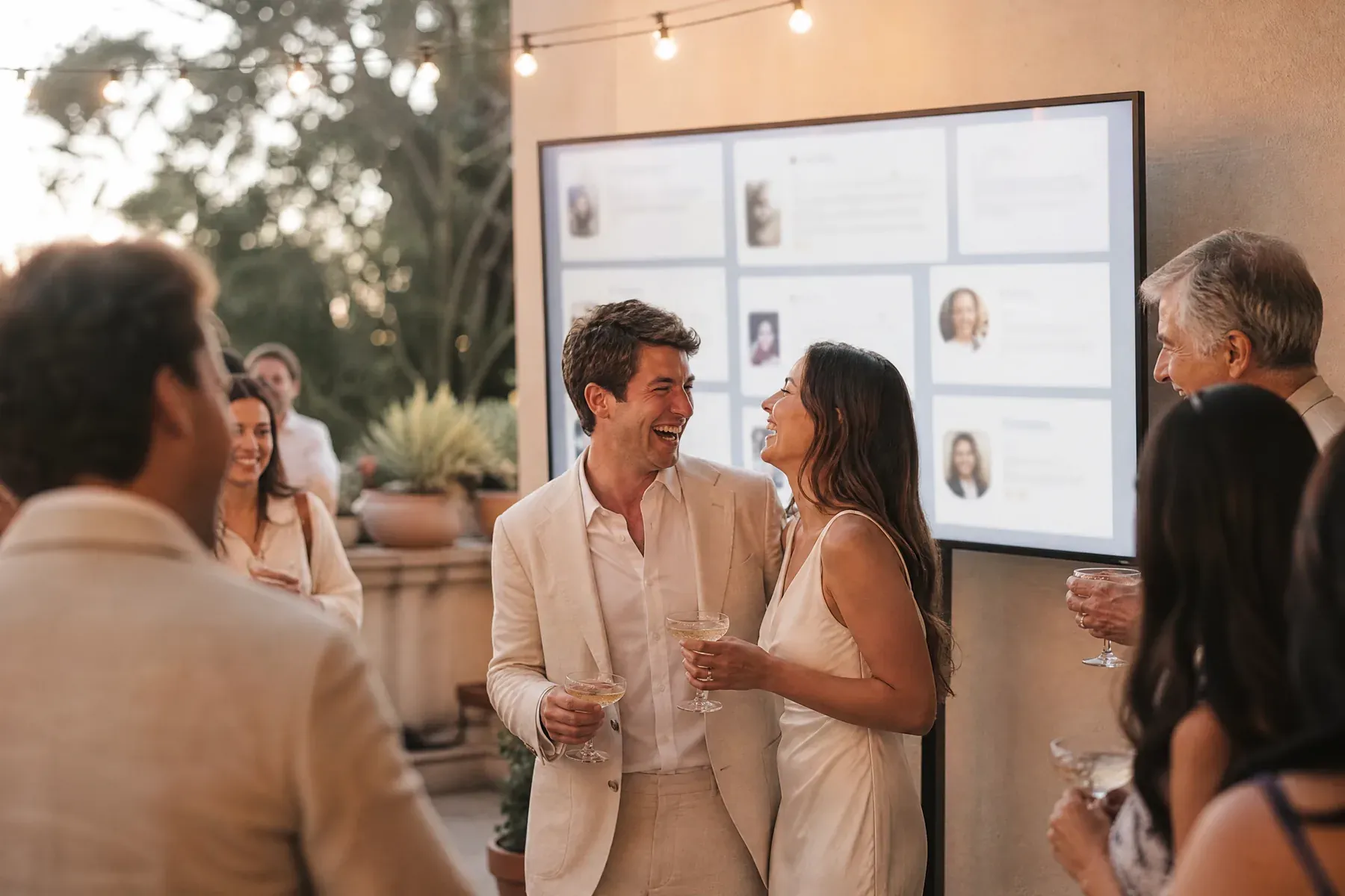 A newly engaged couple laugh in front of a screen showing guest messages on a terrace lit by festoon lights.