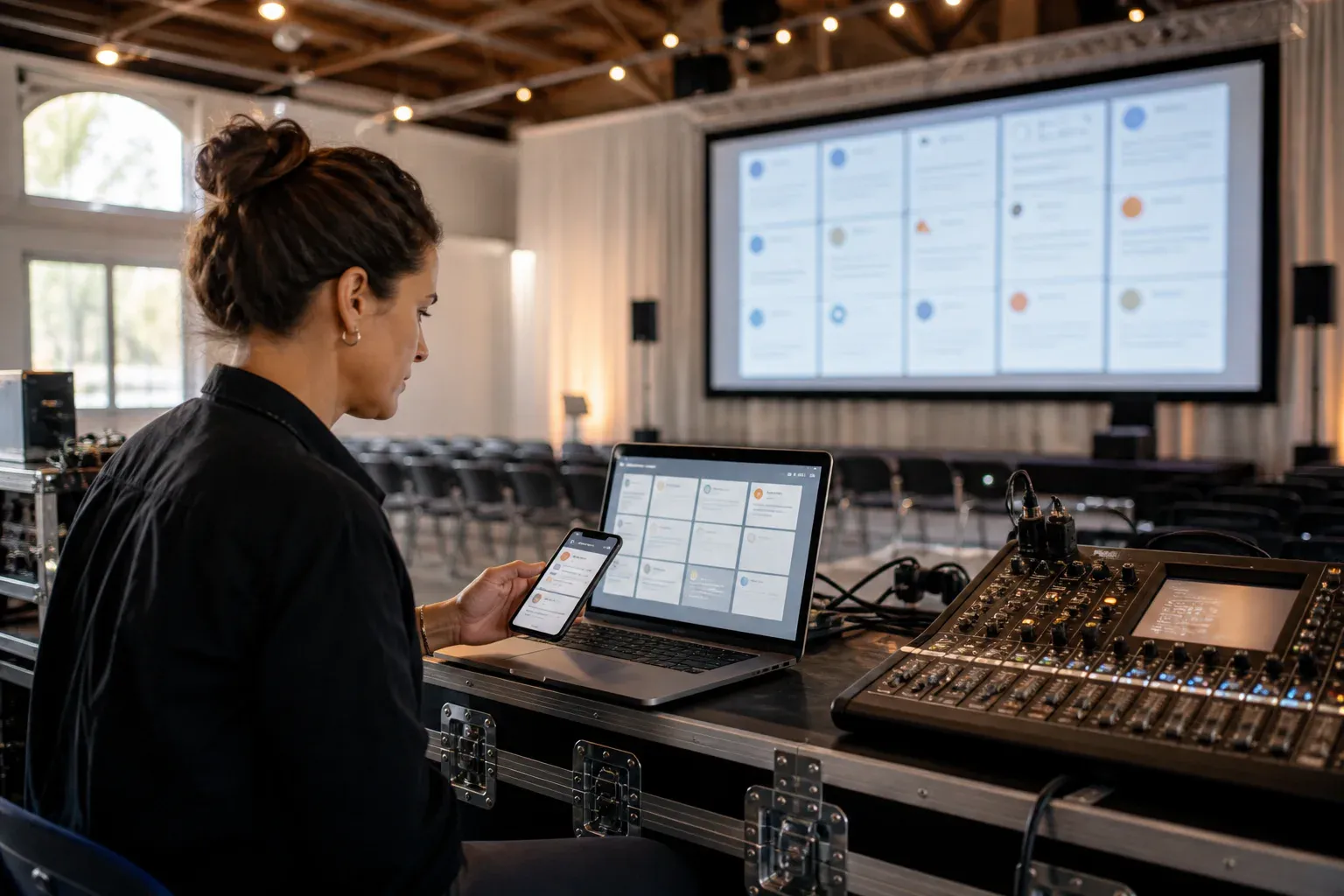 An event producer testing a social wall on a laptop before guests arrive in a softly lit conference venue.