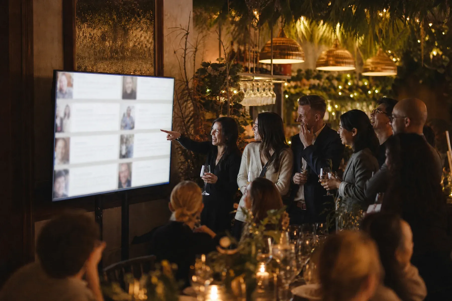Colleagues with drinks stand near a message wall screen at a company holiday party with evergreen garlands and brass lighting.