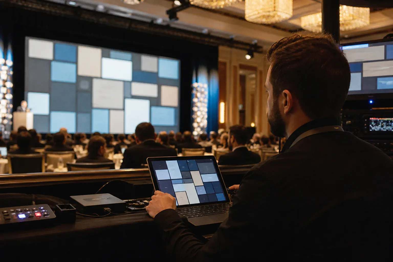 A live event producer monitoring incoming guest messages while a polished message wall runs in the venue behind them.