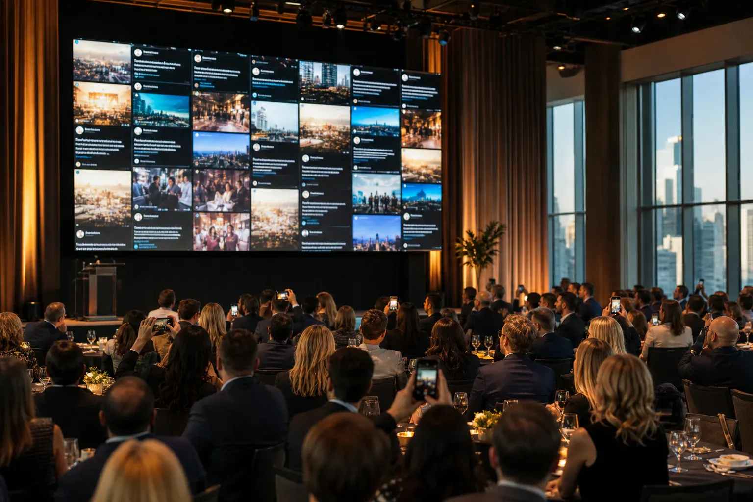 A wide event screen showing attendee messages and photographs while people participate from phones in the foreground.