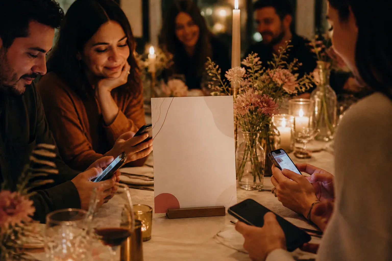 A table card with an event question beside a phone as guests compose answers at a candlelit celebration.