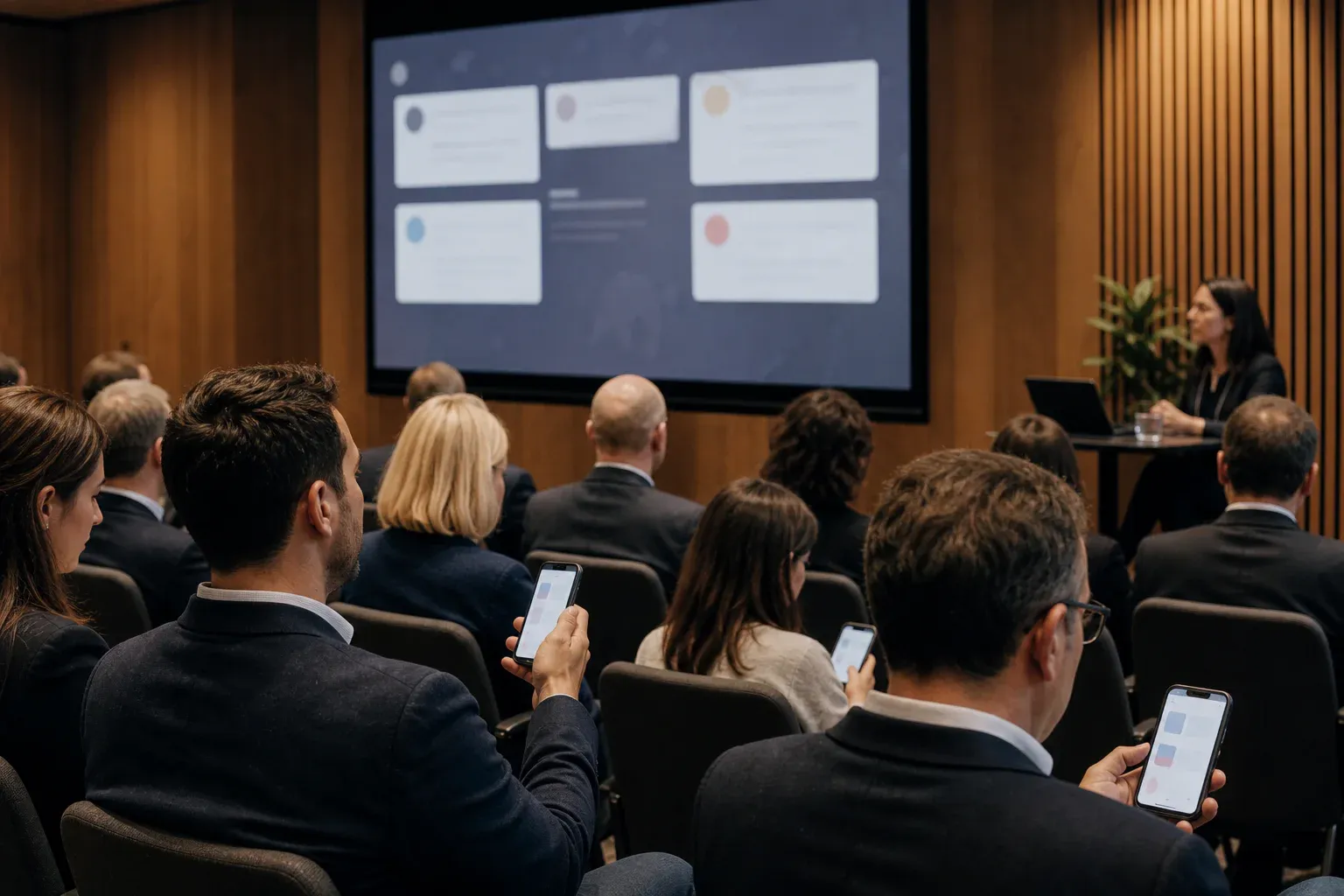 An internal event audience using phones beneath a private moderated wall in a calm, professional venue.