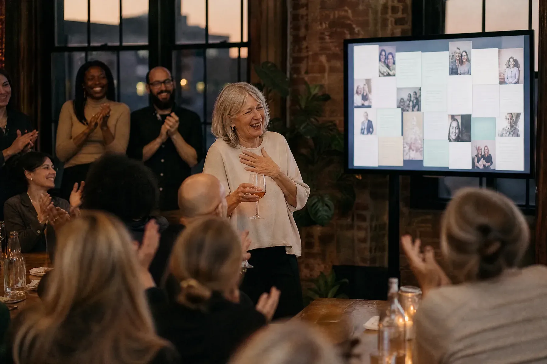 A woman in her sixties stands moved and laughing before a message wall screen at a retirement party in a brick-walled office.