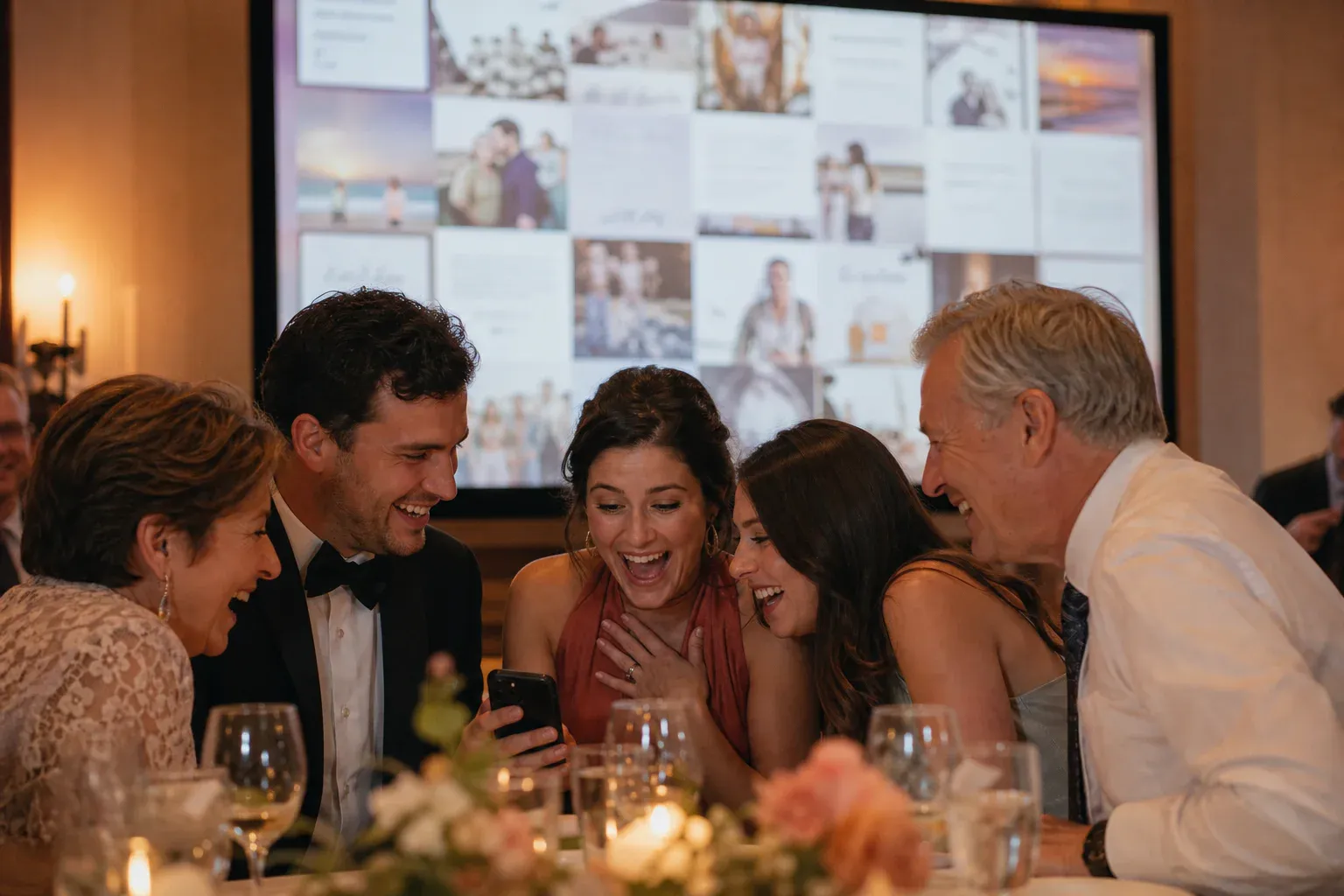 Wedding guests laughing over a phone while warm messages and photographs appear on a reception screen.